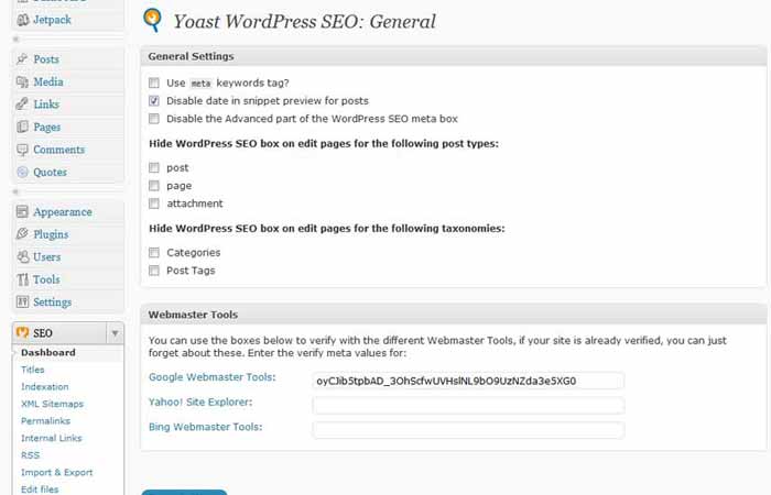 Основная панель плагина WordPress SEO by Yoast позволяет добавлять теги мета-проверки, а также настраивать несколько общих параметров, связанных с мета-типами, типами записей и таксономиями
